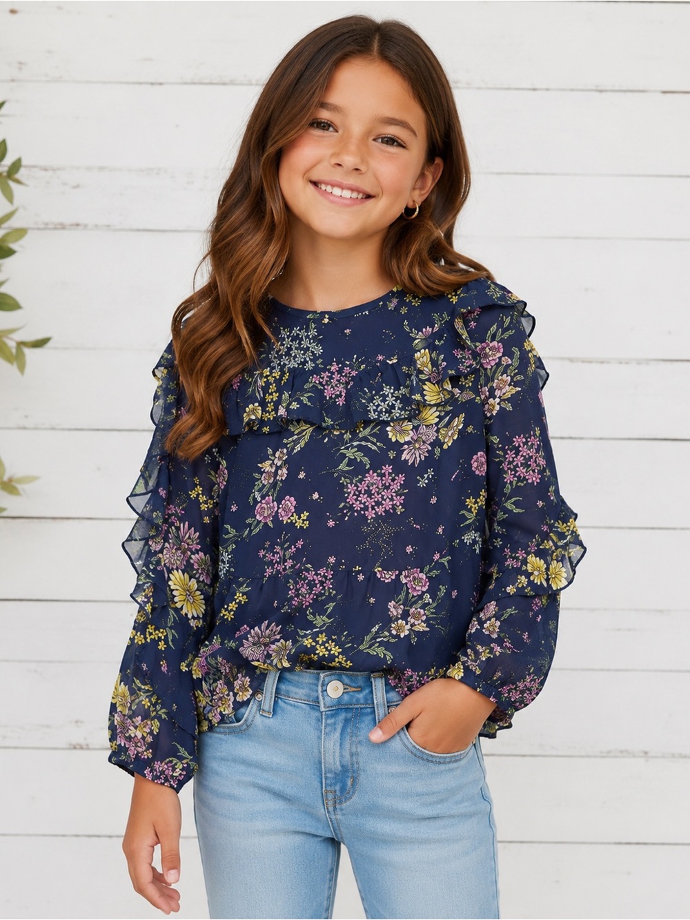 Moon & stars Girls' Navy Floral Ruffle Blouse with Pink & Yellow Flowers